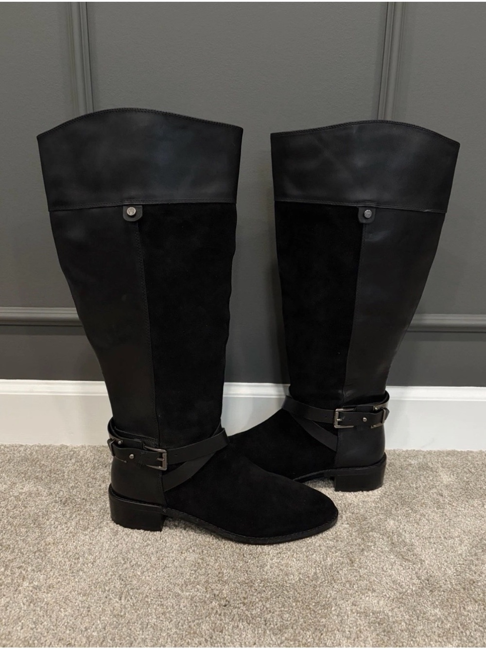 Vince Camuto Jaran Riding Boot Womens 9 Tall Black Leather Suede Silver Hardware